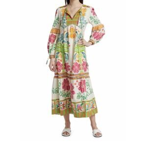 Farm Rio Fruits Queen Tropical Printed Linen-Blend Long Dress V-Neck Size S